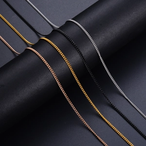 Minimalist stainless steel curb chains in rose gold, gold, black, and silver finishes