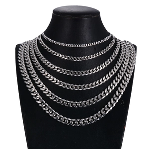 Silver cuban link chain set in various sizes displayed on a black neck bust model