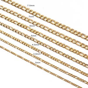 Comparison of golden Figaro chain necklaces in widths from 3mm up to 7.5mm