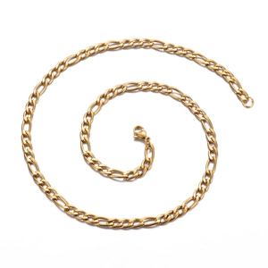 Polished gold Figaro chain necklace with lobster clasp closure on white background