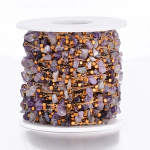 Bohemian stainless steel chain with purple crystal stone and gold beads on spool