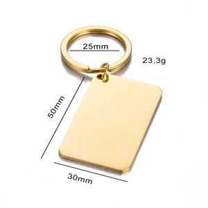 Polished gold stainless steel rectangle tag keychain with 50x30mm dimensions and 25mm ring