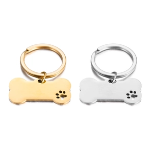 Stainless Steel Bone Shaped Pet ID Tag Keychain Hollow Paw Print Identification Tag For Dogs Cats Animal Key Ring Jewelry