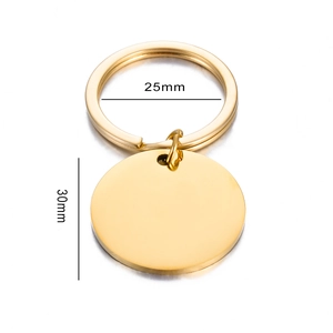Polished gold stainless steel round dog tag keychain with 25mm ring and 30mm blank disc