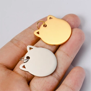 Cat head shape blank stainless steel pet tags in gold and silver matte finishes