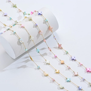 Colorful shell charm necklace with cross star and moon pendants on gold stainless steel chain