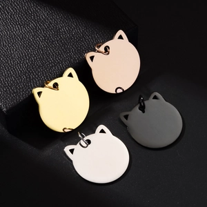 Cat head shaped stainless steel pet ID tags in gold, silver, black, and rose gold