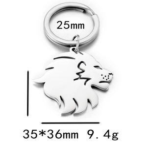 Macro detail of lion head keychain showing 35x36mm pendant size and 9.4g weight