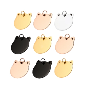 Cat face shaped stainless steel pet ID tags in gold, rose gold, silver, and black colors