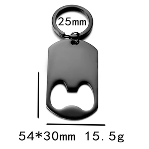 Porte-clés décapsuleur en acier inoxydable noir poli montrant les dimensions et le poids