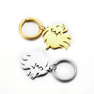 Detailed view of cutout lion head keychains in polished gold and silver finishes