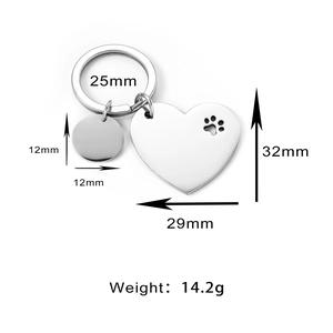 Detailed size chart of stainless steel dog paw heart keychain with 14.2g weight specs