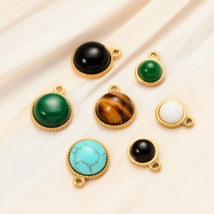 Stainless steel round natural stone pendants with vintage gold beaded borders for DIY jewelry