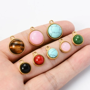 Natural stone pendants with gold metal base for DIY jewelry making, various sizes shown