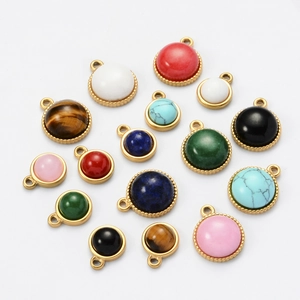 Round Natural Stone Stainless Steel Pendants Vintage DIY Jewelry Making Findings Tiger's Eye Turquoise Agate Charm Pendant Accessory