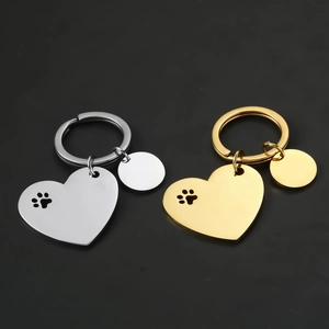 Stainless Steel Hollow Heart Pet Paw Keychain Polished Metal Blank Dog Tag Keyring Pet Identity Tag Daily Accessory Gift