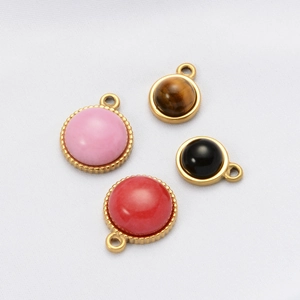 Set of four round natural stone pendants with gold stainless steel frames for DIY jewelry
