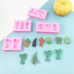 Food grade pink silicone vegetable mold set for fondant including corn and pea shapes