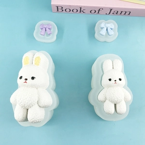 DIY 3D Plush Rabbit Silicone Mold With Bowknot Fur Texture Fondant Chocolate Cake Mold For Baking Handmade Plaster Candle Decor