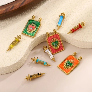 Vintage Baroque Evil Eye square pendants and colorful needle syringe charms jewelry set
