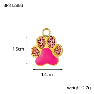 Pink paw print pendant size details 1.5cm by 1.4cm with gold plating and zircon stones