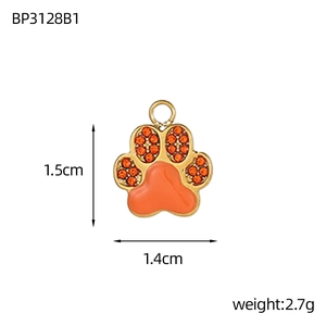 Orange paw print charm pendant with zircon inlay and golden finish for DIY jewelry