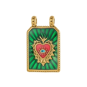 Bohemian gold plated tarot style pendant with green enamel heart and evil eye detail