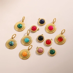 Retro stainless steel round stone pendants with gold twisted rope border in multiple colors