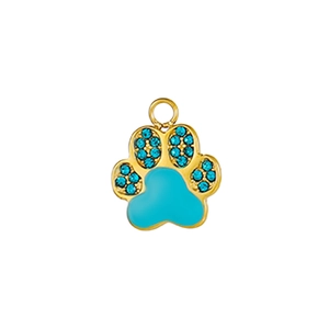Golden dog paw pendant with sky blue enamel and micro-pave light blue crystals