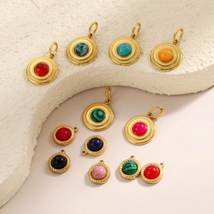 Golden stainless steel round natural stone pendants with vintage woven texture edges