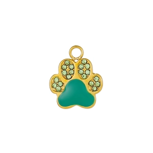 Golden paw print pendant with green enamel and sparkling micro-pave crystals