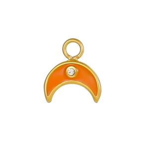 Orange enamel crescent moon pendant with gold frame and single zircon stone inlay