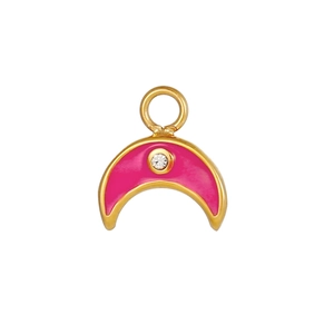 Micro-paved gold crescent moon pendant with rose red enamel and central zircon stone