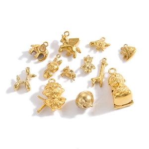 Golden stainless steel 3D animal charms including Pegasus and giraffe on white background
