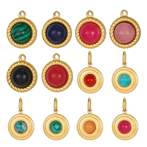 Vintage Stainless Steel Round Pendant With Stone Inlay For DIY Jewelry Making Gold Plated Retro Charms Accessories