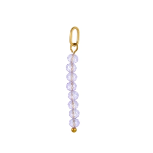 Detailed view of eight vertical purple faceted crystal beads with golden metal jewelry clasp