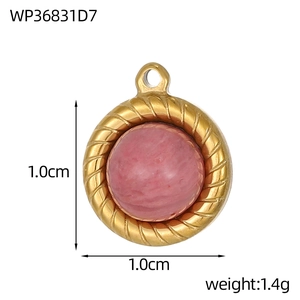 Detail of 1.0cm natural pink stone pendant with gold twisted rope border and closed ring
