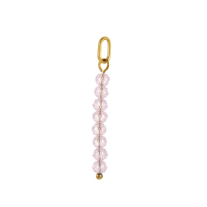 Detail of pink faceted bead pendant with 18K gold plated clasp and vertical drop design