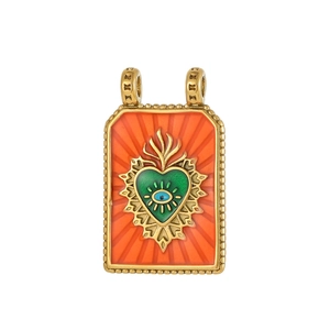 Gold-plated tarot pendant with evil eye heart design and orange enamel background