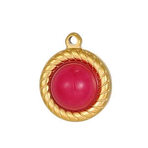 Golden stainless steel round pendant with vibrant rose red stone and twisted rope edge