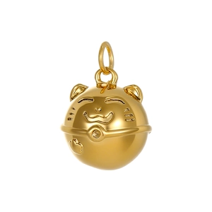 Golden fortune cat bell pendant in stainless steel with relief smile face and top ring