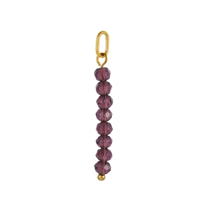 Detail of eight purple faceted crystal beads hanging from a gold-plated oval ring