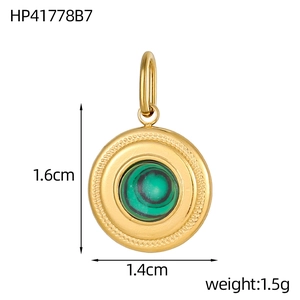 Detail showing dimensions of round malachite stone pendant with golden beaded border
