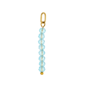 Detailed view of eight sky blue faceted crystal beads with golden metal ring and finish