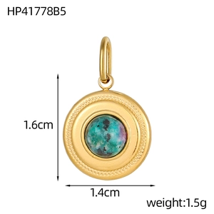 Detail showing 1.4cm gold-tone round pendant with turquoise stone inlay and weight specs