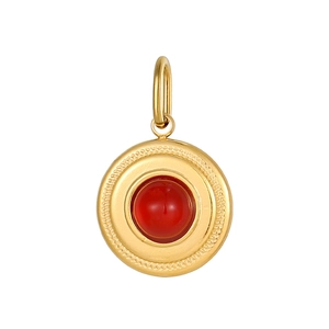Golden stainless steel round pendant with a red gemstone in a vintage braided design