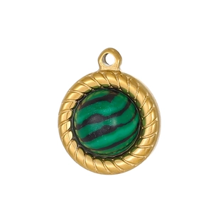 Golden stainless steel round pendant with malachite stone and rope edge texture
