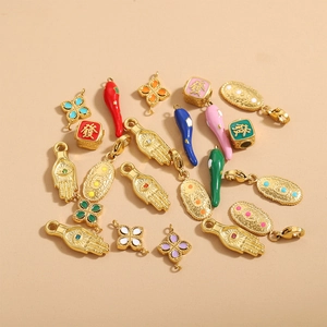 Französischer Retro-Edelstahlschmuck mit Hand-Oval-Plakette und Chili-Emaille-Anhängern