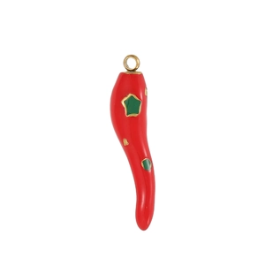 Roter Chili-Anhänger aus Emaille mit grünem Stern und Goldflocken für Schmuck