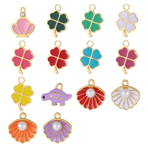 Colorful enamel leaf shell and dinosaur charms set for DIY jewelry making in gold plating